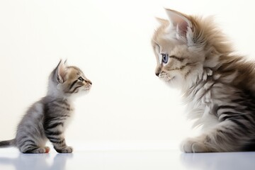 A Kitten Looking At Another Kitten In The Mirror. Сoncept Feline Social Behavior, Mirror Image Selfrecognition, Humankitten Bonding, Mirror Play Development
