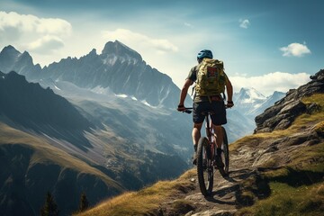 Fototapeta premium The athletic man pedals an MTB E-bike up a steep grassy hill. Beautiful view of the mountains at sunrise/sunset with sun flare. Alone in nature, thinking about life.