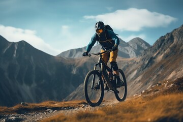Fototapeta premium The athletic man pedals an MTB E-bike up a steep grassy hill. Beautiful view of the mountains at sunrise/sunset with sun flare. Alone in nature, thinking about life.