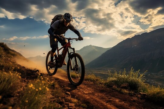 The athletic man pedals an MTB E-bike up a steep grassy hill. Beautiful view of the mountains at sunrise/sunset with sun flare. Alone in nature, thinking about life. © PHAISITSAWAN