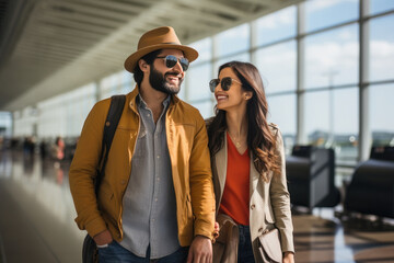 Young couple wearing sunglasses holding bags in hand at airport. travel concept