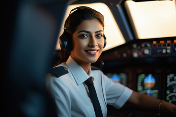 Female pilot sitting at airplane cockpit - obrazy, fototapety, plakaty