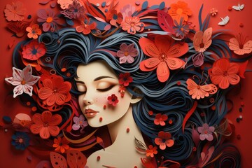 Women with flowers in hair paper art Card for International Womens Day 8 march