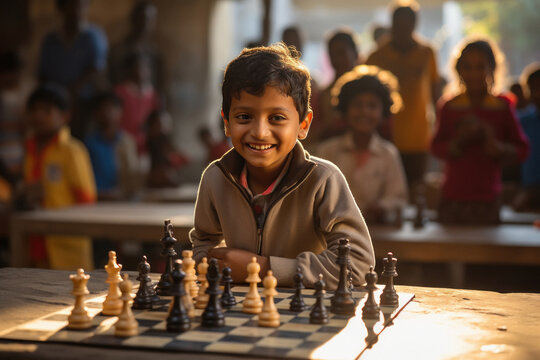 Indian Little Boy Playing Chess