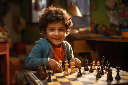 Indian Little Boy Playing Chess