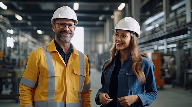 Two professional engineer man and woman manager leader wearing helmet and walking in factory talking and discussing for work