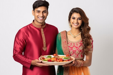 Indian couple in ethnic wear and holding plate in hand - obrazy, fototapety, plakaty