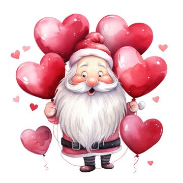 loveable santa claus with big heart ballons - watercolor illustration on white background (Generative AI)