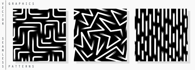 Set of three seamless patterns with different compositions of dry brush strokes. Trendy aesthetic minimalist graphics. Vector print