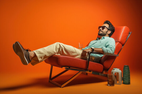 Indian man wearing sunglasses and relaxing on deckchair