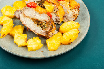 Delicious meat baked with pineapple.
