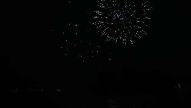 Colorful fireworks exploding above the lake water. Slow motion. 