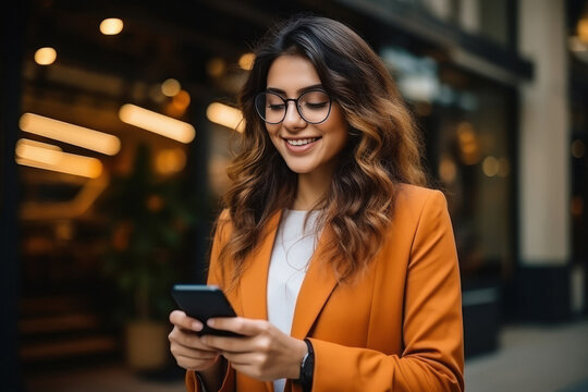 Young businesswoman or corporate employee using smartphone