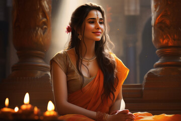 Young woman in hinduism getup and praying at temple