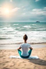 Fototapeta na wymiar Yoga, chakra and back view of woman at the beach for workout or training as health, mindfulness and wellness routine