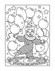 Coloring page with little cute clown performing with balloons
