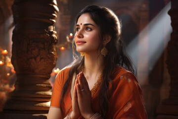 Young woman in hinduism getup and praying at temple