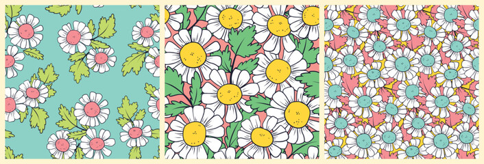 Seamless floral pattern, cute ditsy print in retro motif. Pretty botanical design, colorful flower background: hand drawn chamomile flowers, leaves, line drawing summer meadow in trendy colors. Vector