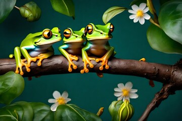 Wallace s flying frogs on branch with flower 