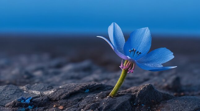 Resilient Violet Blue Delicate Flowers Thriving on Harsh Tundra Rock Cliffs. Generative AI.