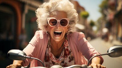 Fototapeta na wymiar Portrait of an attractive elderly smiling woman in pink dress riding a motorcycle down a big city street