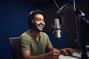 Happy young male radio host broadcasting in studio