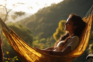 Young woman listening music while relaxing and closed eye.