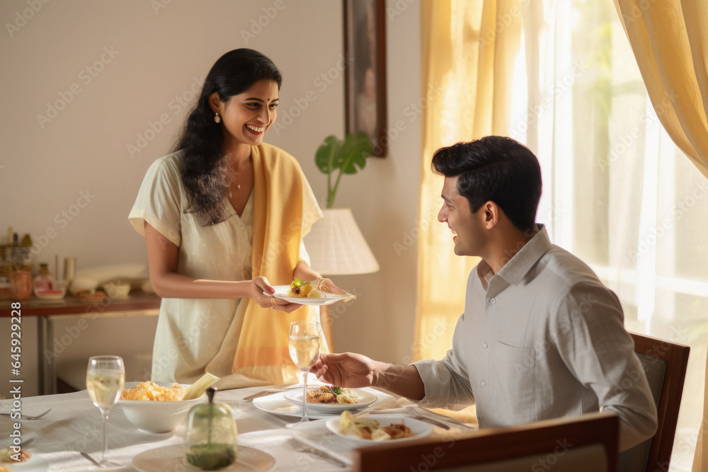 Poster Indian woman serve food to her husband.