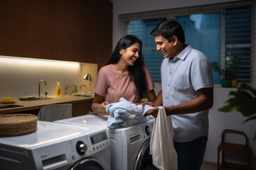 Obraz premium Indian man helping to his wife in house work