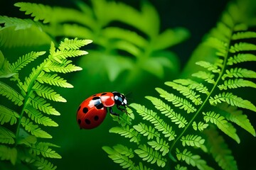 A macro shot of a ladybug navigating the intricate landscape of a fern leaf.   - obrazy, fototapety, plakaty