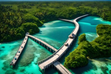 most beautiful maldives with small cottage and long going bridge in the middle of river 