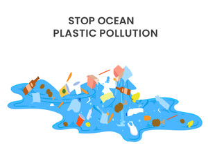 sea garbage Polluted dirty river with plastic polybag waste water pollution vector concept.