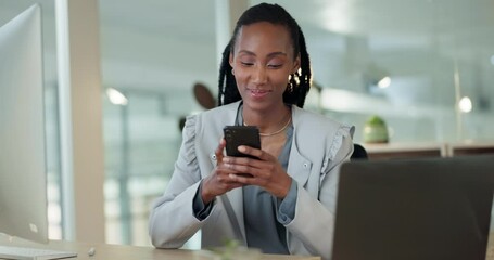 Black woman, smartphone and typing at desk in office for social network, mobile website and internet contact. Happy worker search cellphone, reading news app and information for business connection