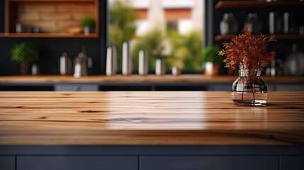 wooden table top on blurred kitchen background (Generative AI)