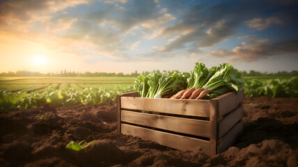 Wooden box placed on a plowed field with organic vegetables picked on the farm, Generative AI
