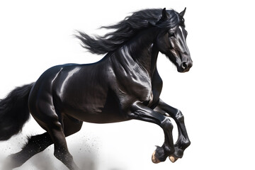 beautiful, black horse runs, isolated on a white background