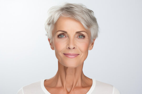 Good Looking Healthy Senior Woman Posing Without Makeup And Smiling on White Copy Space.