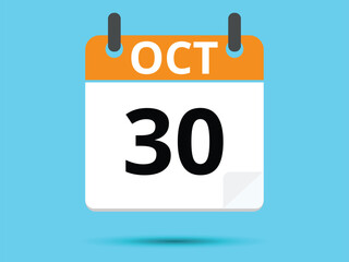 30 October. Flat icon calendar isolated on blue background. Vector illustration.