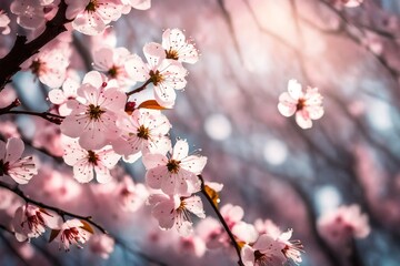 Fototapeta premium The delicate petals of a cherry blossom tree caught in a gentle breeze, creating a snowfall of pink. 