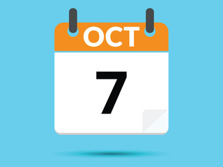 7 October. Flat icon calendar isolated on blue background. Vector illustration.