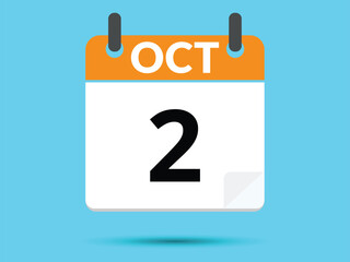 2 October. Flat icon calendar isolated on blue background. Vector illustration.