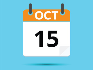 15 October. Flat icon calendar isolated on blue background. Vector illustration.