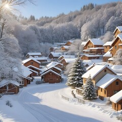 Town in the mountains in winter.  
Winter theme, Christmas theme. Generative AI.