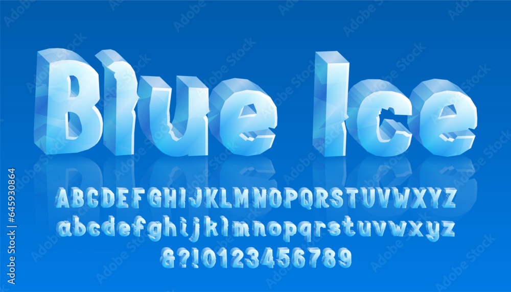Poster blue ice alphabet font. 3d cartoon ice letters and numbers. uppercase and lowercase. stock vector ty