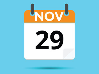 29 November. Flat icon calendar isolated on blue background. Vector illustration.