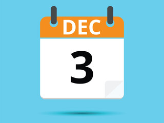 3 December. Flat icon calendar isolated on blue background. Vector illustration.