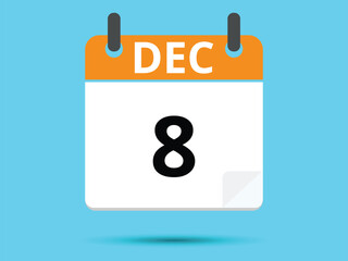 8 December. Flat icon calendar isolated on blue background. Vector illustration.