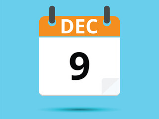 9 December. Flat icon calendar isolated on blue background. Vector illustration.