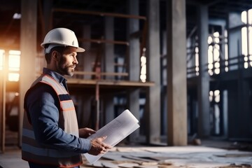 Professional engineer in protective helmet and blueprints paper at house building construction site.