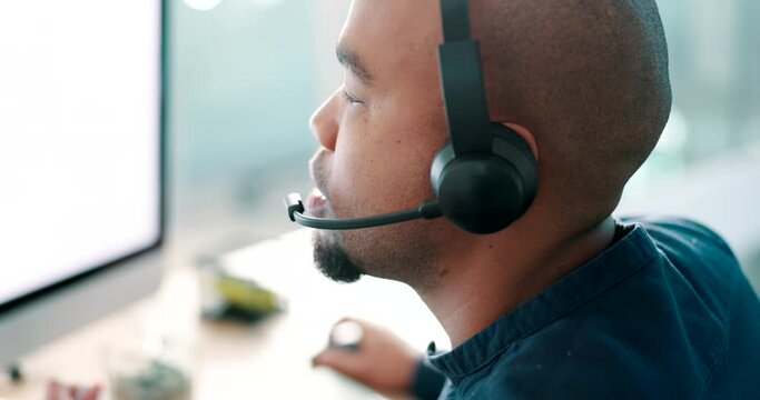 Call center, talking or man on computer in communication or speaking in customer service help desk. Sales agent, CRM or financial advisor consulting online on screen at telemarketing, tech support
